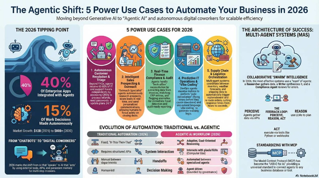 An infographic diagram explaining 'The Agentic Shift: 5 Power Use Cases to Automate Your Business in 2026'. The left part shows that 40% of enterprise apps will integrate with agents, moving from chatbox interaction to multi-step missions. The center section lists 5 power use cases: 1. Autonomous Customer Resolution & Triage, 2. Intelligent Sales Prospecting & Outreach, 3. Real-Time Finance Compliance, 4. Predictive IT Operations, and 5. Supply Chain Logistics. At the bottom, a comparison table highlights the difference between traditional automation and agentic workflow. The right column illustrates the architecture of success: 'Collaborative Swarm Intelligence' using frameworks like LangGraph, AutoGen, and CrewAI and Model Context Protocol.