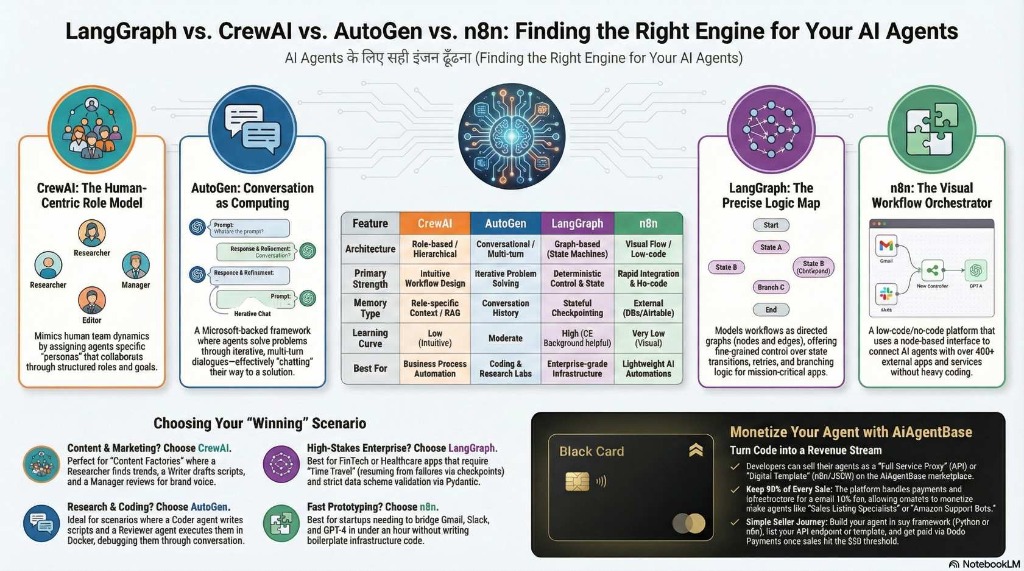 A comprehensive infographic comparing LangGraph, CrewAI, AutoGen, and n8n AI frameworks. Titled 'Finding the Right Engine for Your AI Agents'. The left side shows CrewAI as 'The Human-Centric Role Model' using personas (Researcher, Manager). Next is AutoGen as 'Conversation as Computing' using iterative chat. Then the framework comparison table covering Architecture, Primary Strength, Memory Type, Learning Curve, and Best For. Next is LangGraph 'The Precise Logic Map' for deterministic workflows, and n8n 'The Visual Workflow Orchestrator' with a node-based interface. The bottom section guides choosing a winning scenario (CrewAI for Content, LangGraph for Enterprise, AutoGen for Research, n8n for Fast Prototyping) and promotes monetizing agents with AiAgentBase API proxy and templates.
