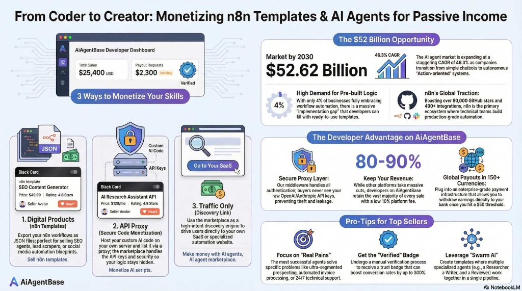 An infographic diagram titled 'From Coder to Creator: Monetizing n8n Templates & AI Agents for Passive Income'. It highlights the $52 billion opportunity by 2030, showing 3 ways to monetize skills: 1. Digital Products (n8n Templates), 2. API Proxy (Secure Code Monetization), and 3. Traffic Only (Discovery Link). It also showcases the Developer Advantage on AiAgentBase, including keeping 80-90% of revenue, a Secure Proxy Layer, and Global Payouts in 150+ currencies. Pro-tips for top sellers include focusing on 'Real Pains', getting the 'Verified' badge, and leveraging 'Swarm AI'.
